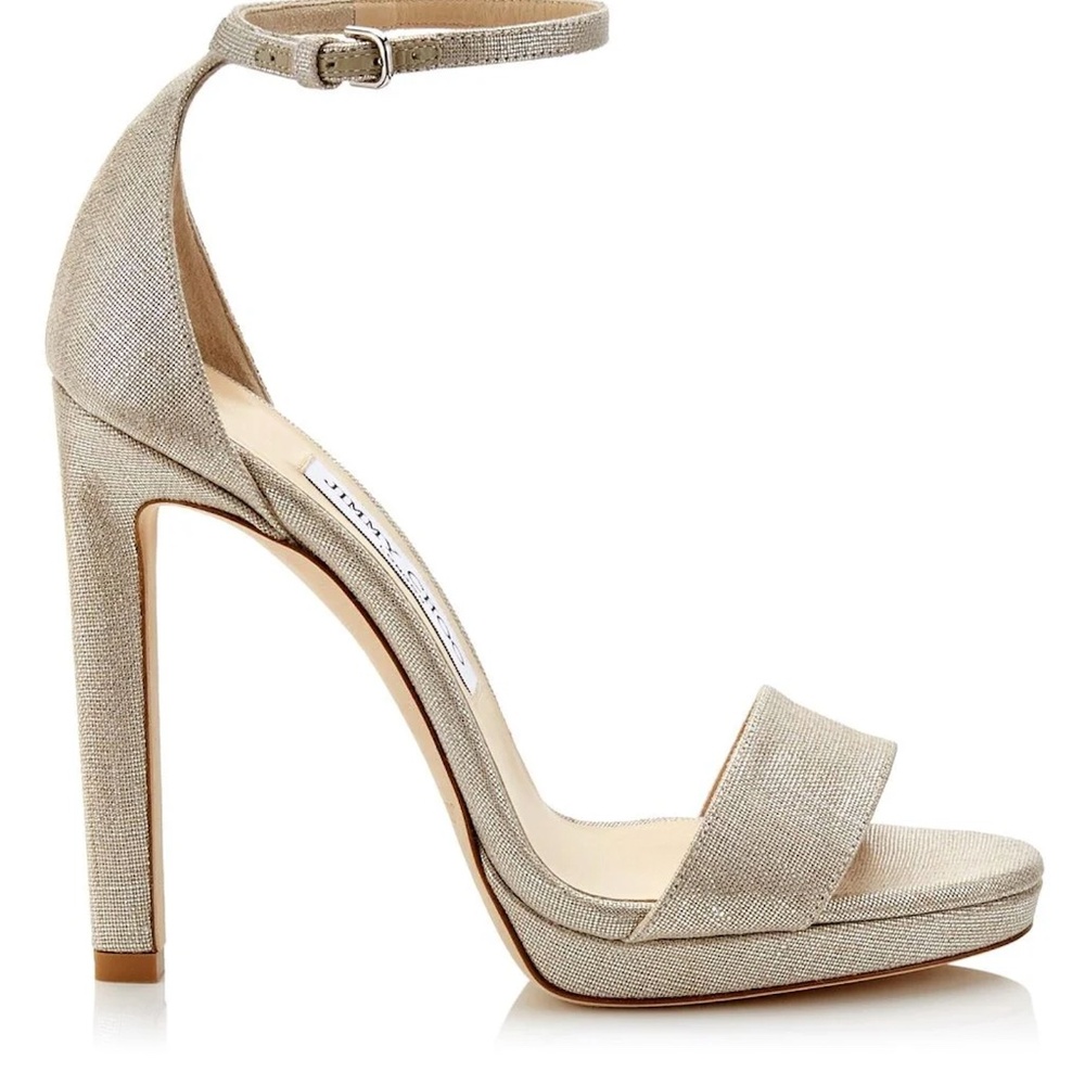 Jimmy Choo Misty 120 Natural & Silver Metallic Linen Platform Sandals – Size 38